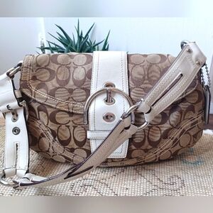 Coach Signature Shoulder Bag in Tan Logo Jacquard, White Leather